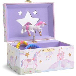 Girl's Musical Jewelry Storage Box with Spinning Unicorn,Glitter Rainbow & Stars